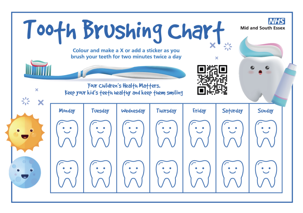 Image of tooth brushing chart that allows children to colour in a tooth icon every time they brush their teeth. 